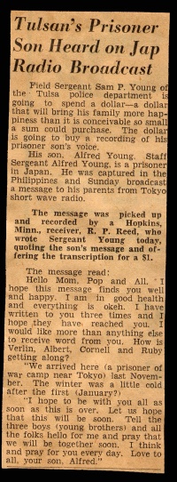 Newspaper Clipping: Tulsan's prisoner son heard on Japanese radio broadcast