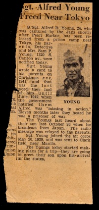 Newspaper Clipping: S/Sgt. Alfred Young free near Tokyo