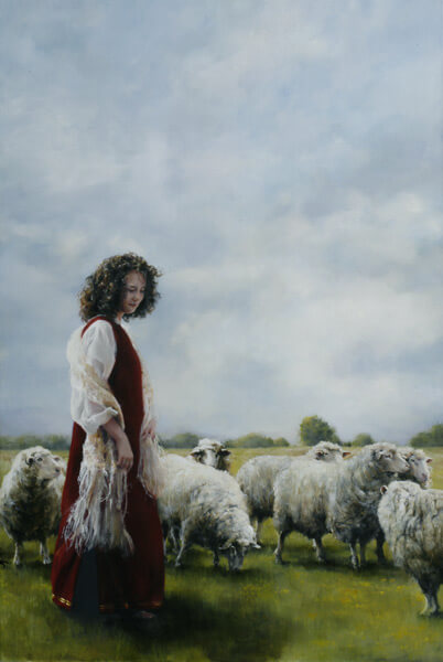 With Her Father's Sheep - Original oil painting by Elspeth Young