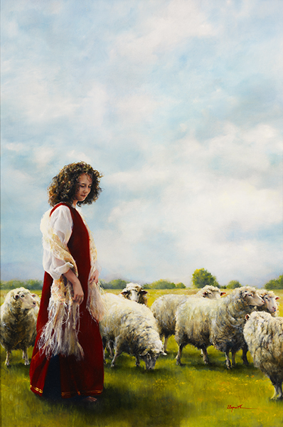 With Her Father's Sheep - Original oil painting by Elspeth Young