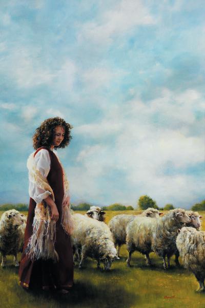 With Her Father's Sheep - 20 x 30 print by Elspeth Young