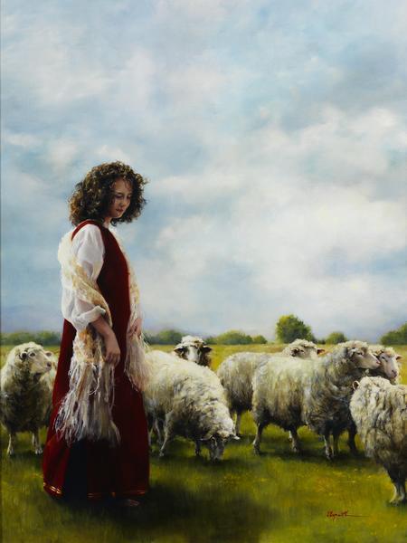 With Her Father's Sheep - 12 x 16 giclée on canvas (pre-mounted) by Elspeth Young
