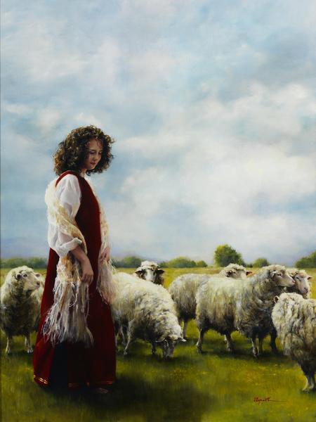 With Her Father's Sheep - 18 x 24 giclée on canvas (pre-mounted) by Elspeth Young
