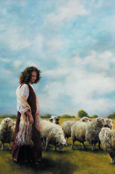 With Her Father's Sheep - 18 x 27.25 print by Elspeth Young