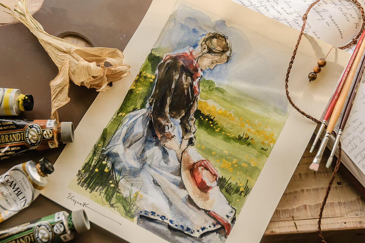 Costume Study (watercolor and acrylic sketch) for Lucinda Pace in Blessed, Honored Pioneer by Elspet...