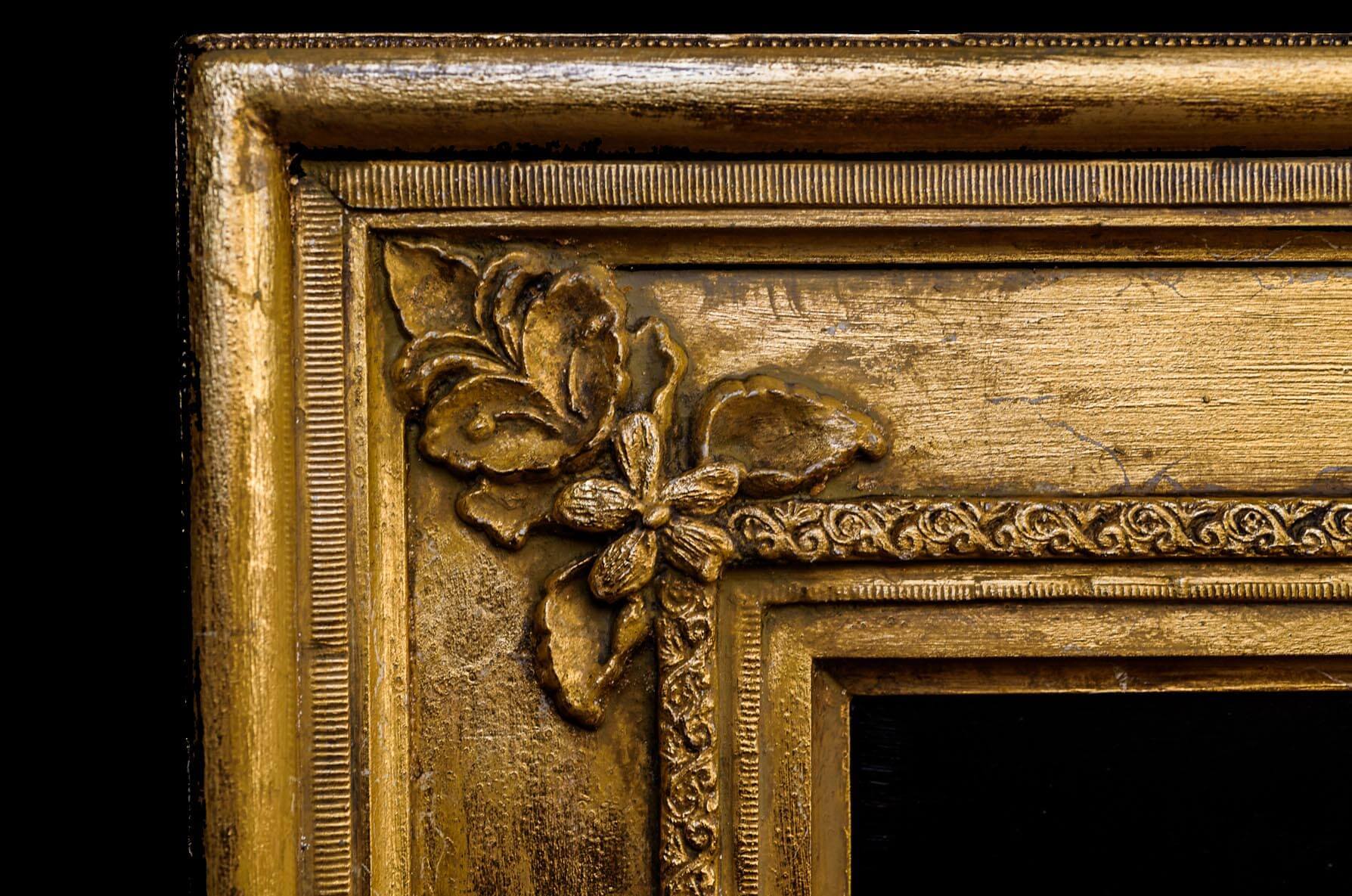 Corner detail of Empire-style frame Ashton created for an original oil painting of Charity Pratt by ...