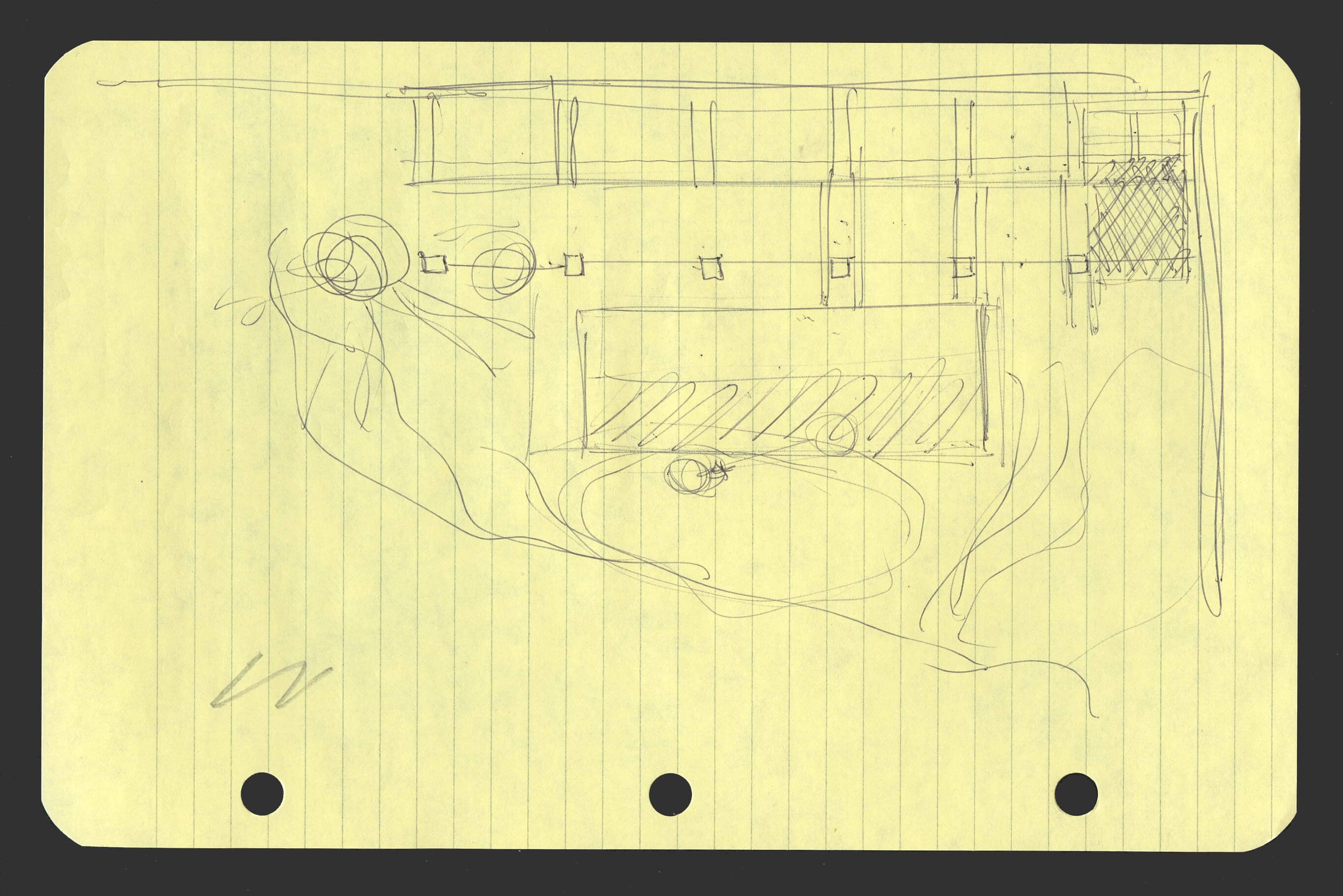 Concept sketch for placement of the barn.  At the top of the sketch and to the left, a pin...