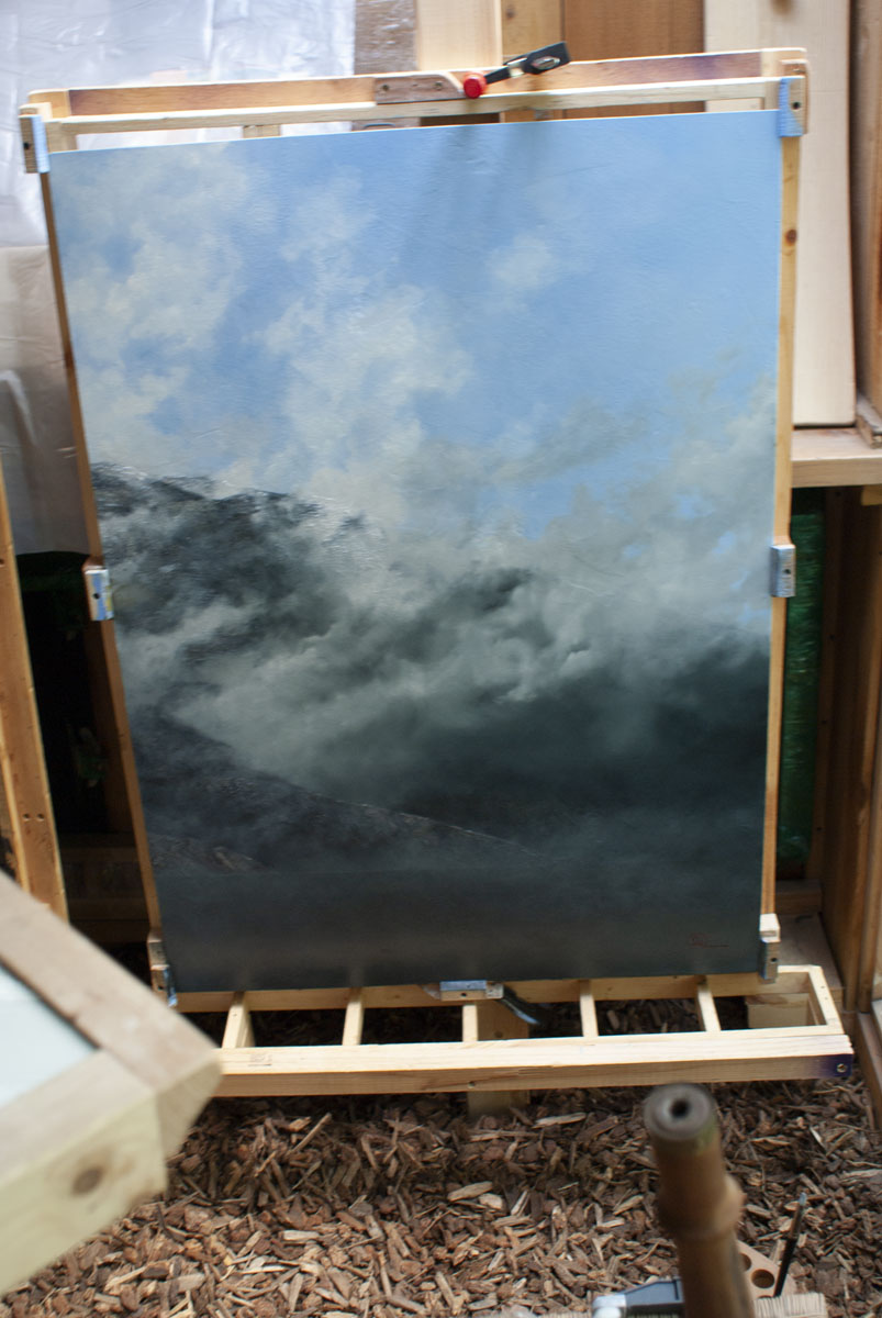 The signed, righthand panel of the triptych dries in the old plein air studio.