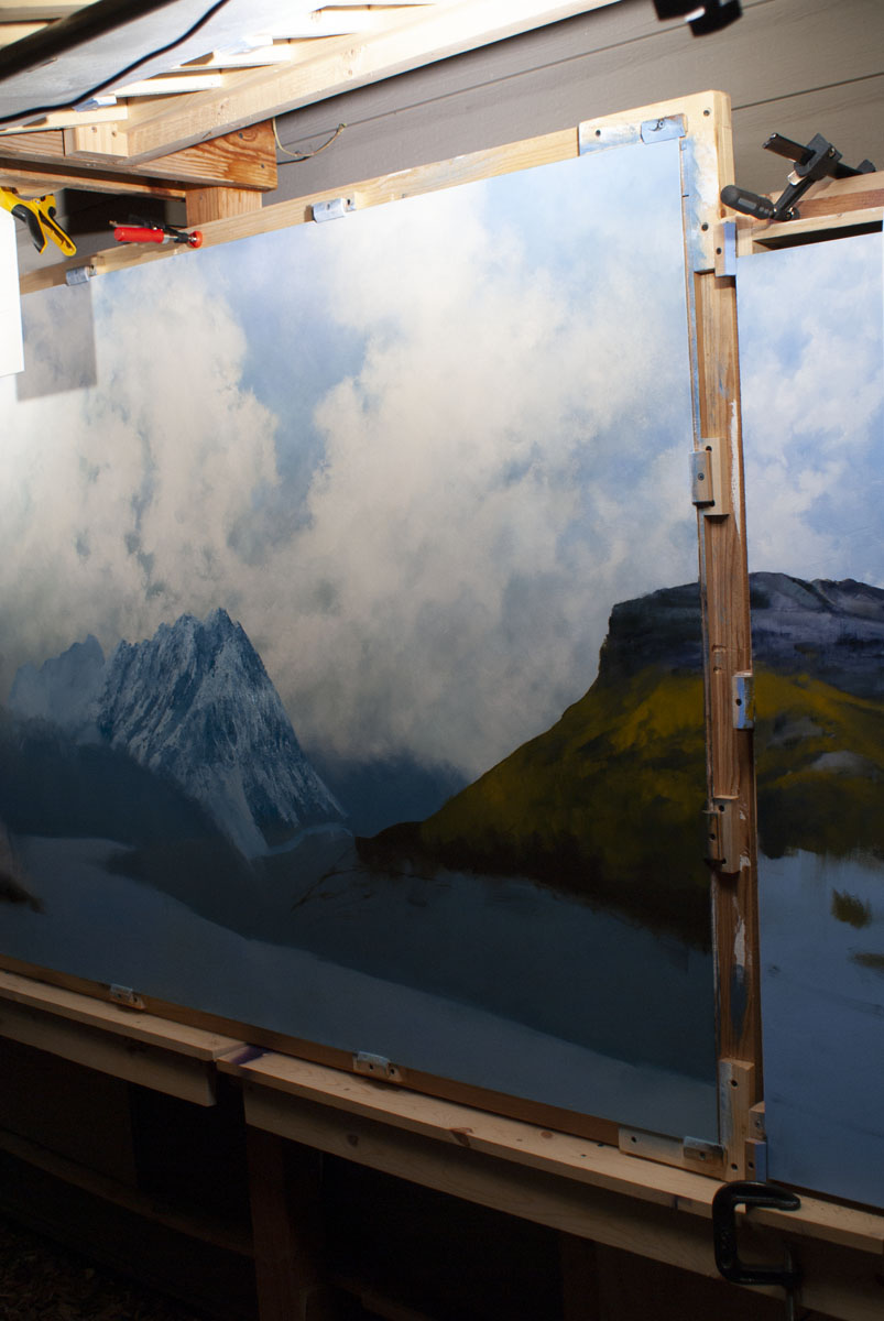 The 4x4-post easel is used to complete the underpainting of the righthand panel and the right side o...
