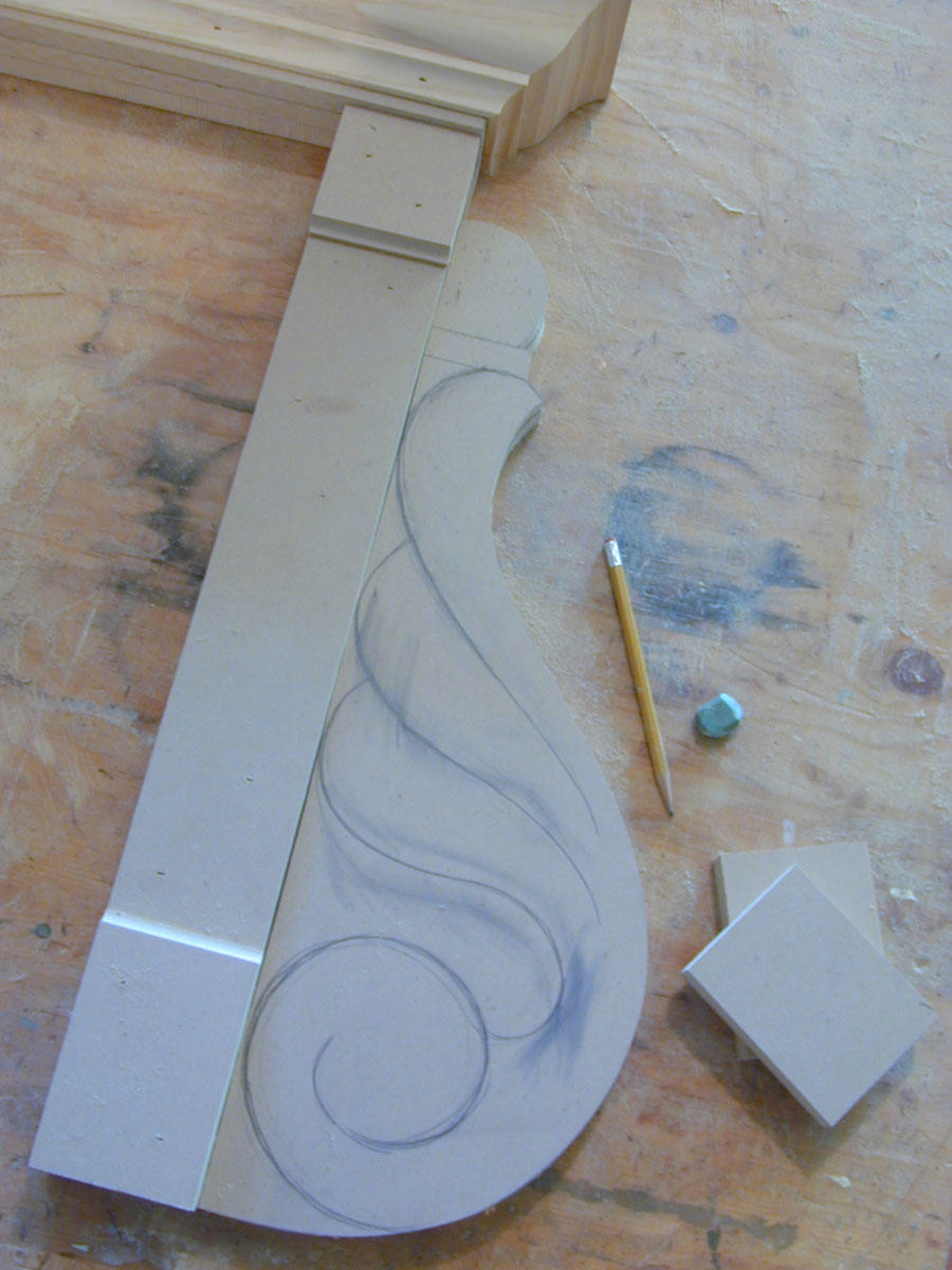 Al's sketch for a bas relief scroll, or volute, flanking the entablature.