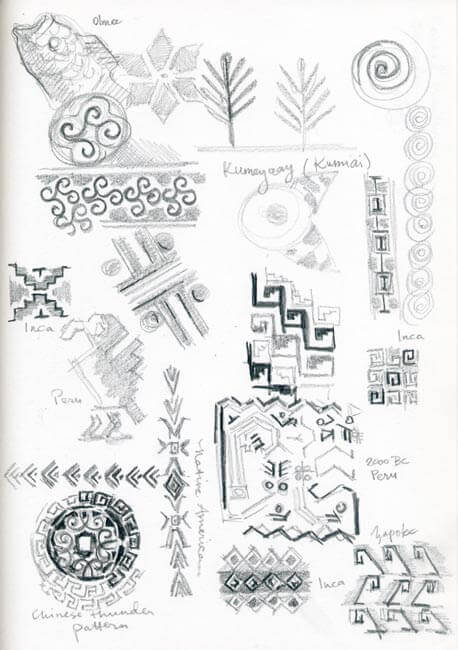 A page of Elspeth's sketch-studies of selected traditional ancient American motifs found in material...