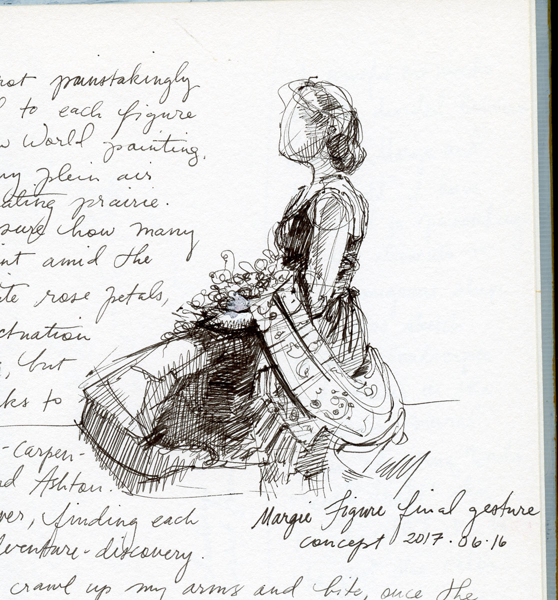 Costume study in pen and ink by Elspeth Young