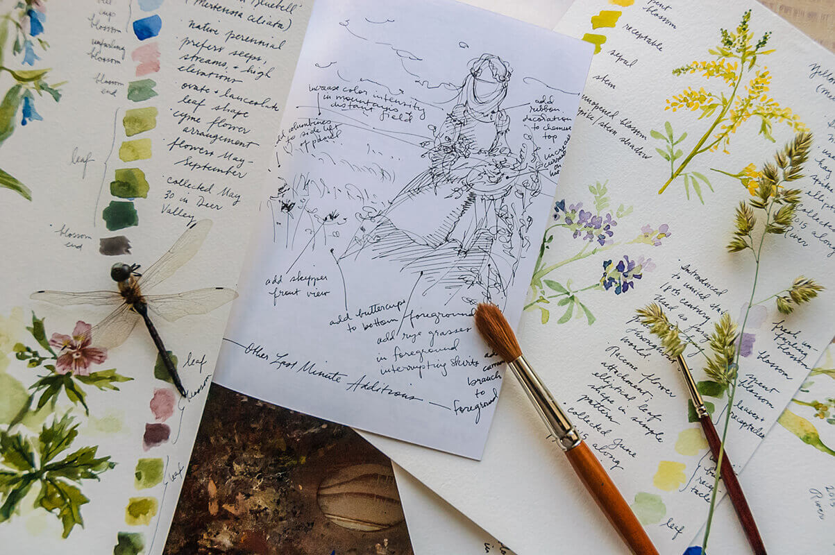 Some of Elspeth's research notes in preparation for this painting project include costume and compos...