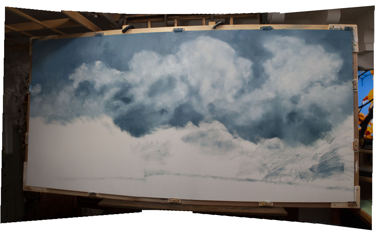 This photograph shows the initial underpainting of the sky on the center panel of the triptych. ...