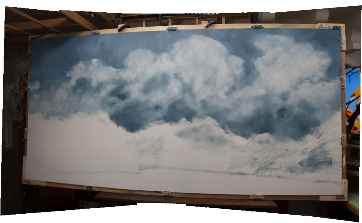 This photograph shows the initial underpainting of the sky on the center panel of the triptych.&nbsp...
