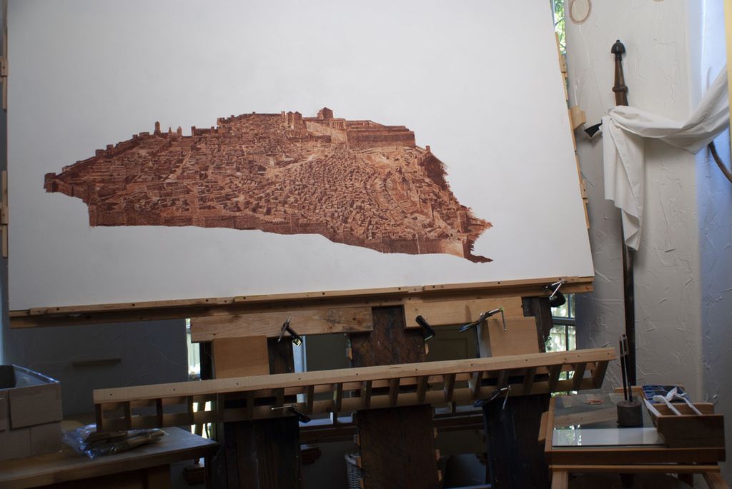 The completed underpainting for the cityscape in Rending the Veil.