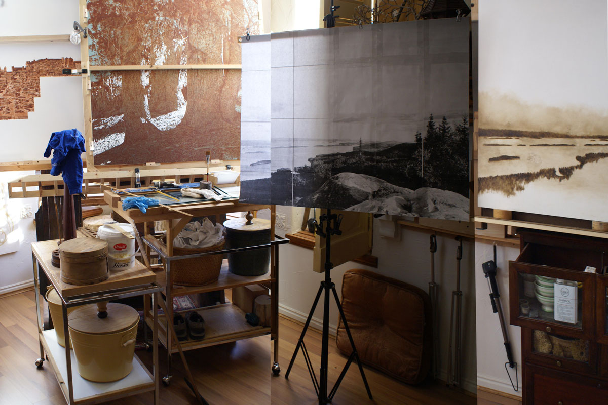 This studio panorama, taken 2017 March 3, shows (left to right) Rending the Veil, Trailhead, and Eve...